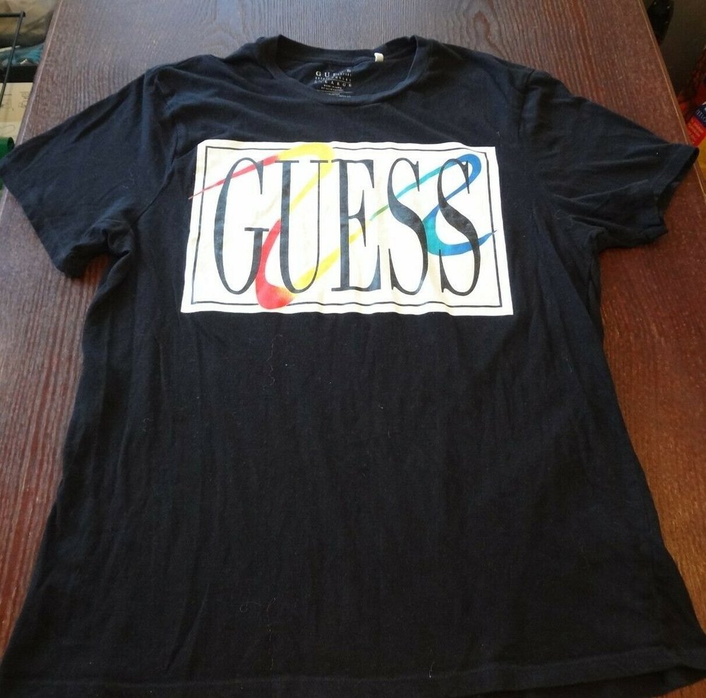 Men's Black White Guess T-Shirt Short Sleeve X large